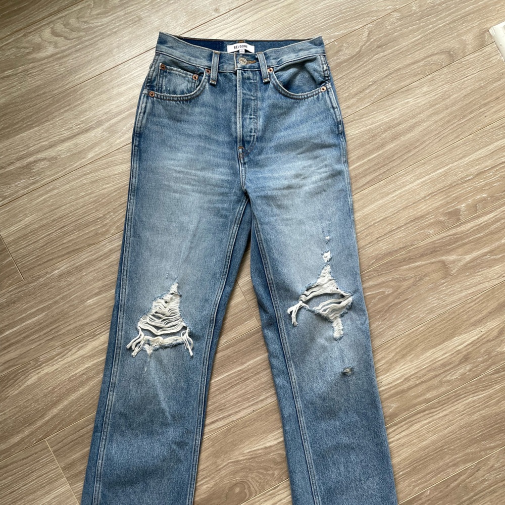 Redone 90s High Rise Loose Medium Destroyed Blue Wash Sz 24 100% Cotton EUC - Picture 5 of 13